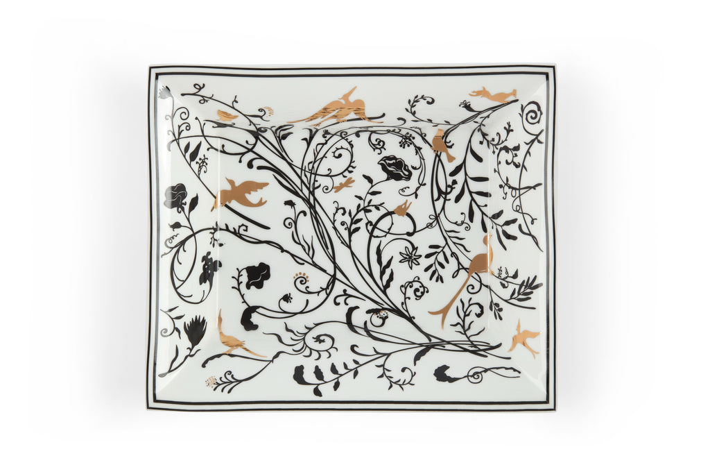 Timeless porcelain tray featuring luxurious black and white accents, designed for decor and display purposes.
