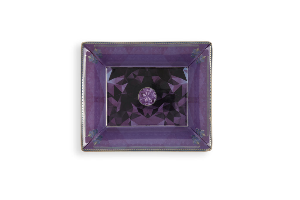 Glossy porcelain tray adorned with metallic purple trim, perfect for vanity or dresser organization.